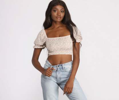 Cropped Floral Ditsy Puff Sleeve Top - Lady Occasions