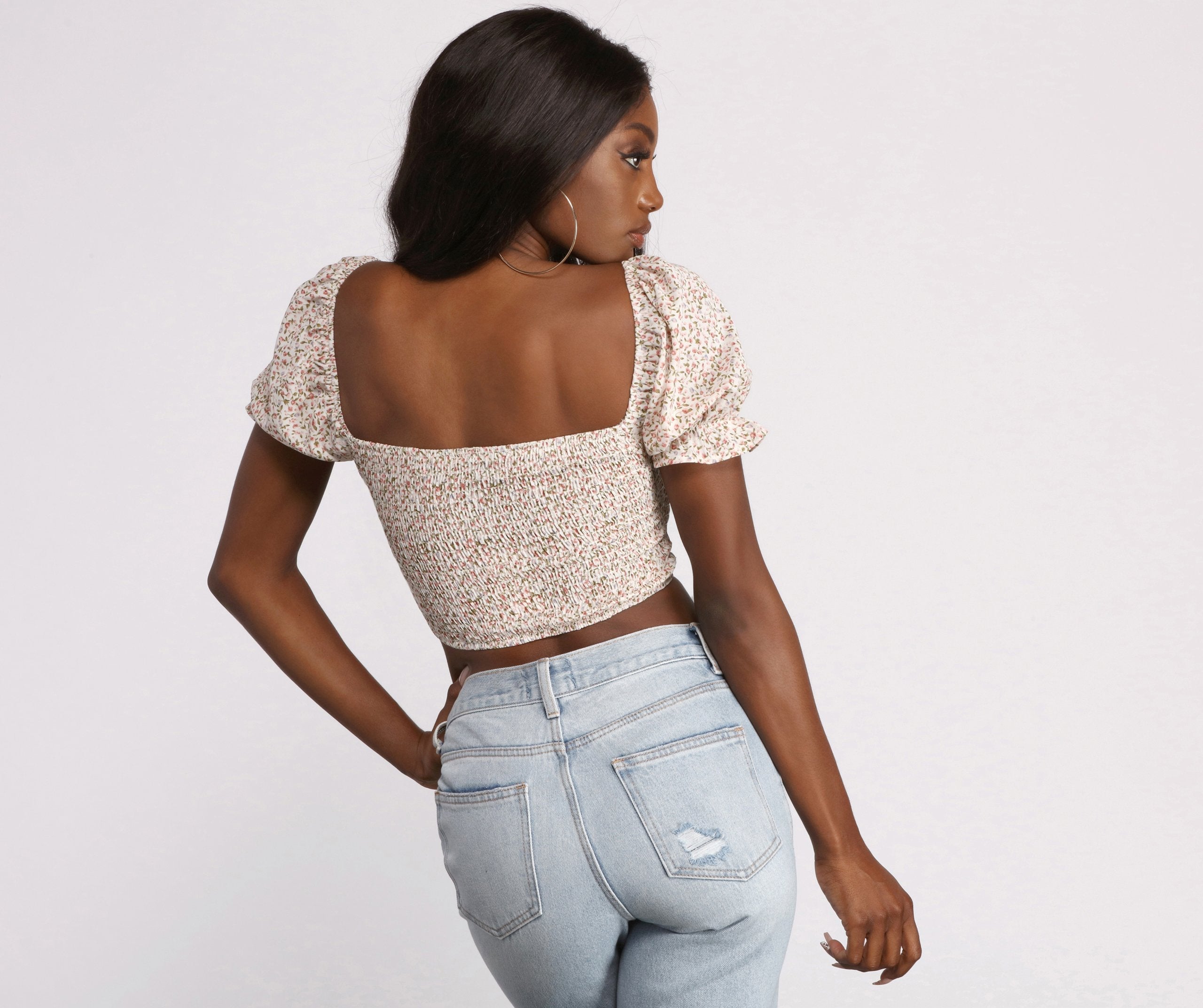 Cropped Floral Ditsy Puff Sleeve Top - Lady Occasions