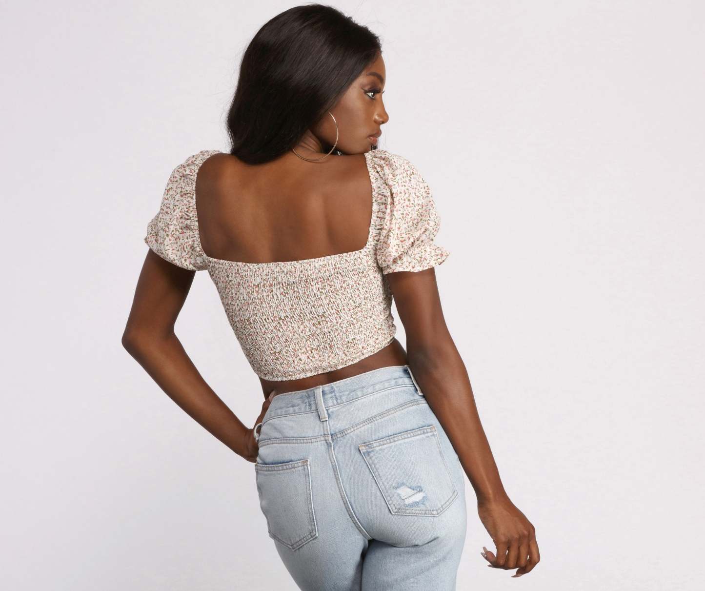 Cropped Floral Ditsy Puff Sleeve Top - Lady Occasions