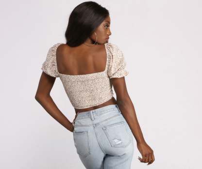 Cropped Floral Ditsy Puff Sleeve Top - Lady Occasions