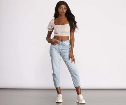 Cropped Floral Ditsy Puff Sleeve Top - Lady Occasions