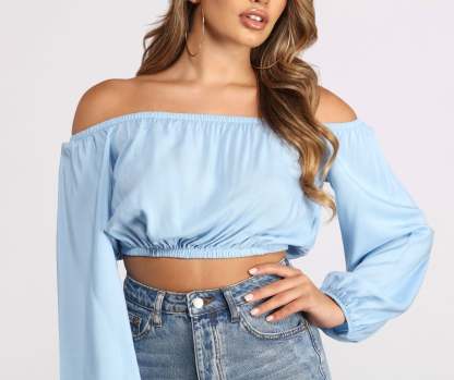 Off the Shoulder Long Sleeve Crop Top - Lady Occasions