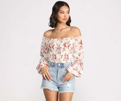 Off The Shoulder Floral Smocked Top - Lady Occasions