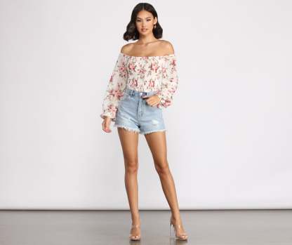 Off The Shoulder Floral Smocked Top - Lady Occasions