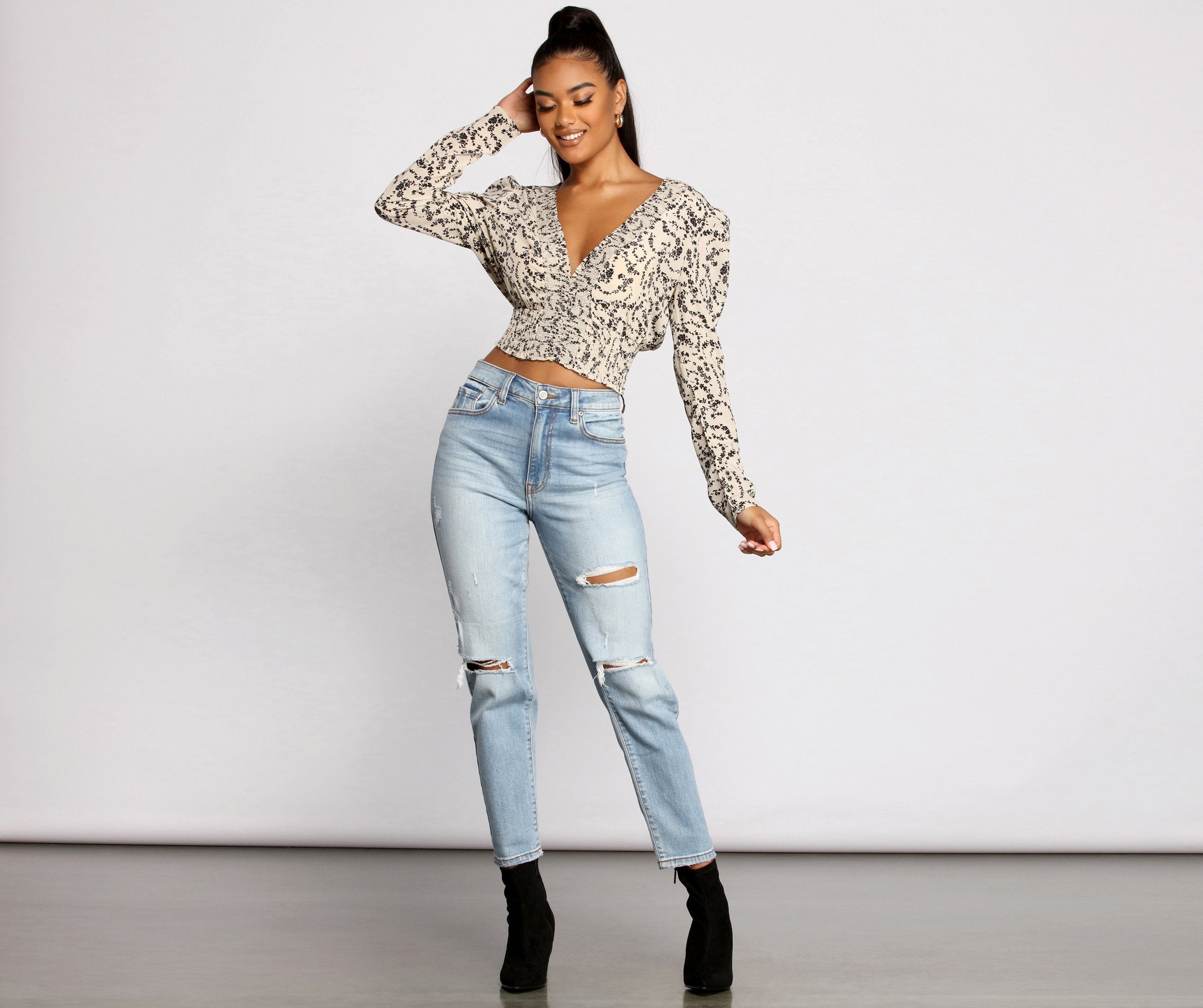 Sweet Intentions Smocked Knit Floral Crop Top - Lady Occasions