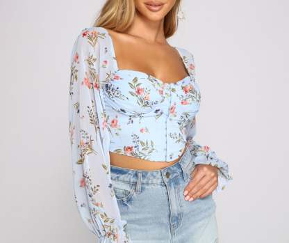 Lookin' Fresh In Floral Chiffon Crop Top - Lady Occasions