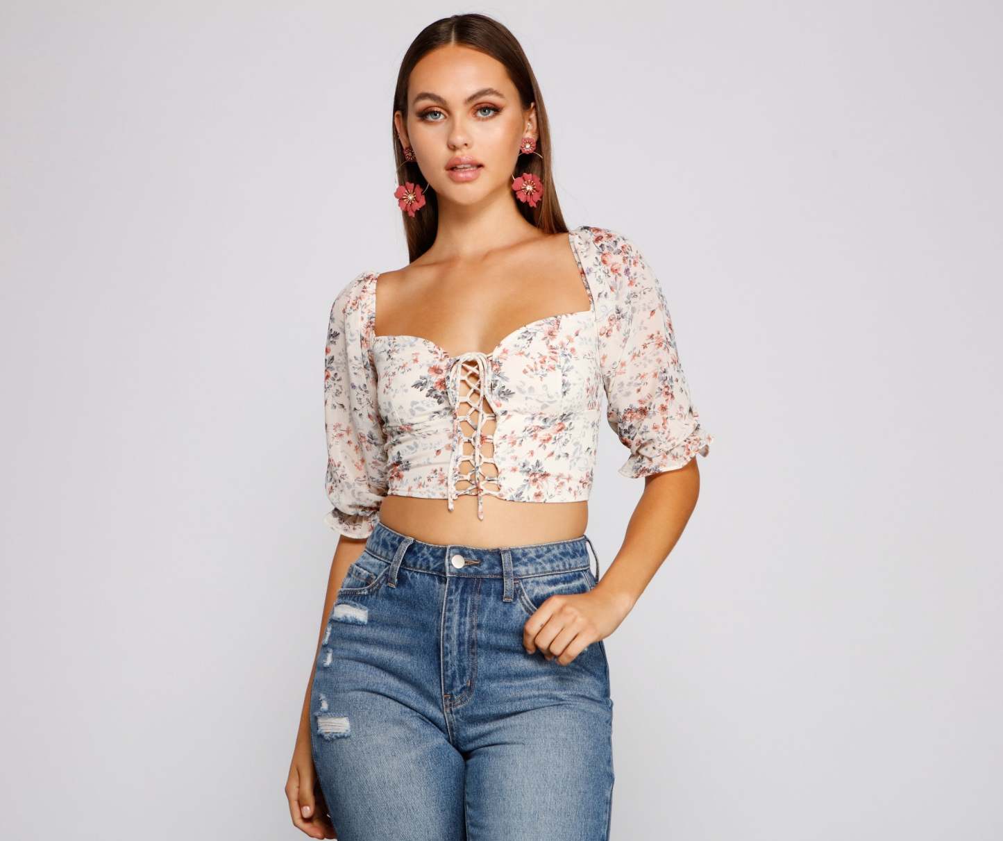 Darling Glam Floral Lace-Up Crop Top - Lady Occasions