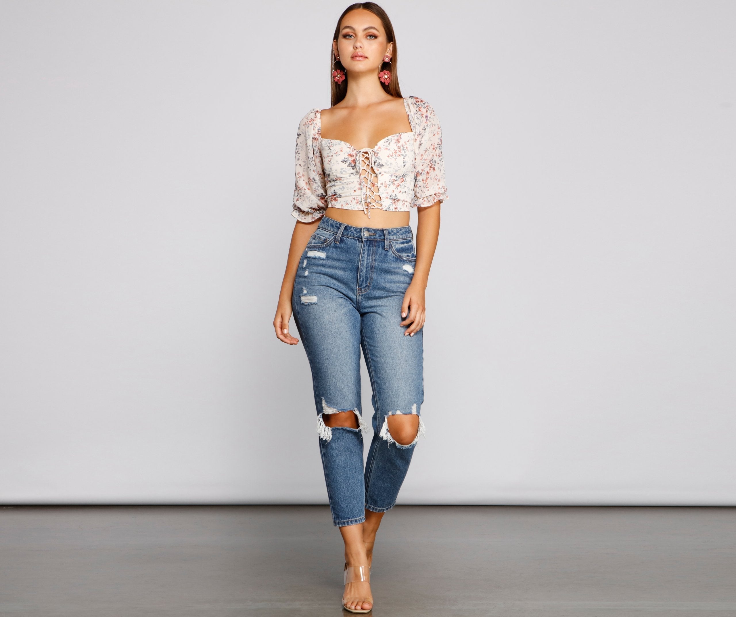 Darling Glam Floral Lace-Up Crop Top - Lady Occasions