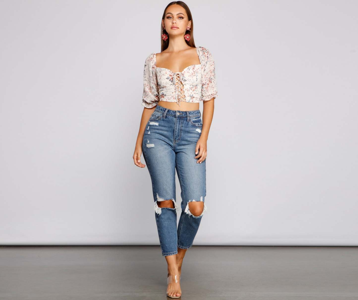 Darling Glam Floral Lace-Up Crop Top - Lady Occasions