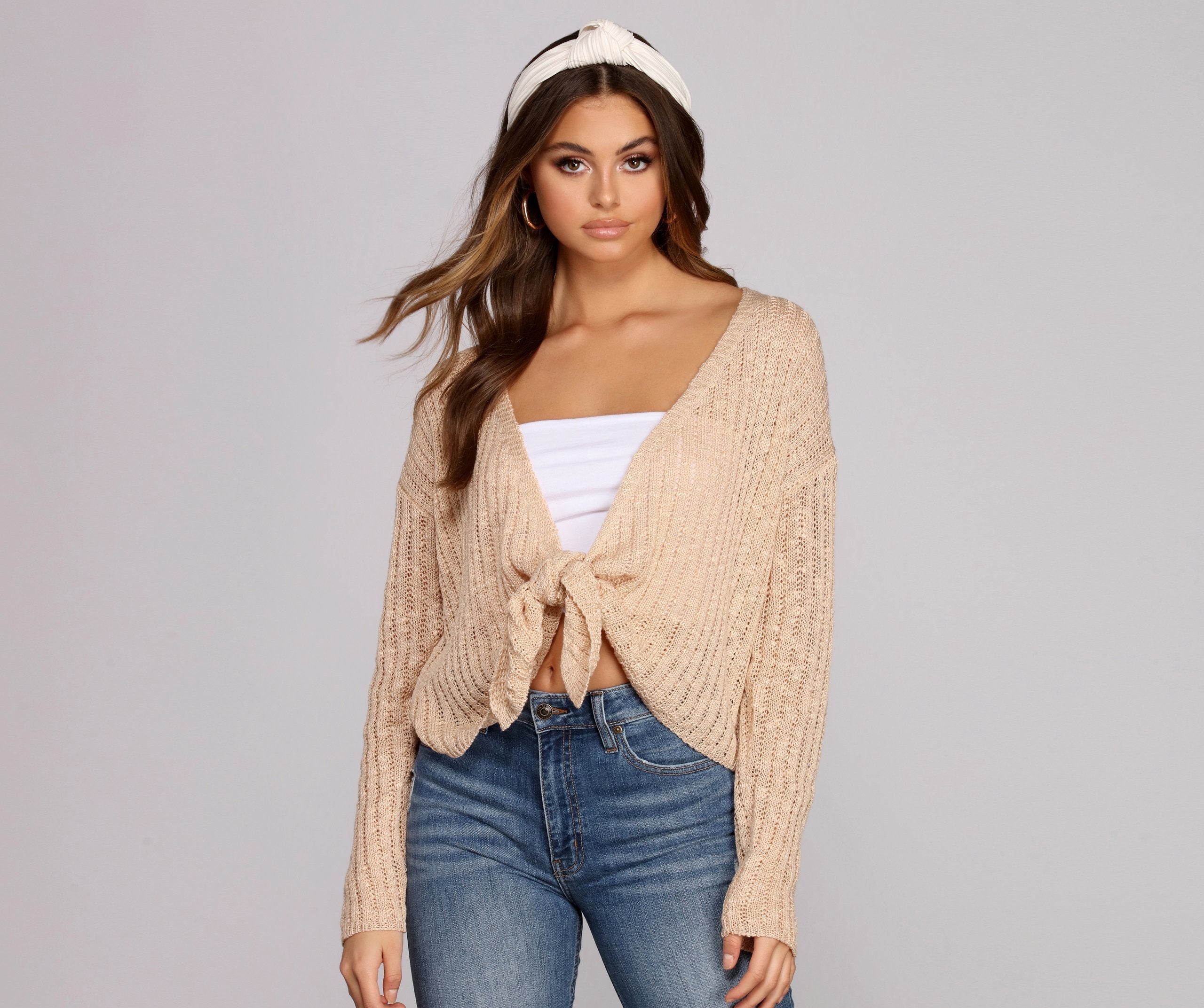 Keeping Knit Cozy Tie Front Sweater - Lady Occasions