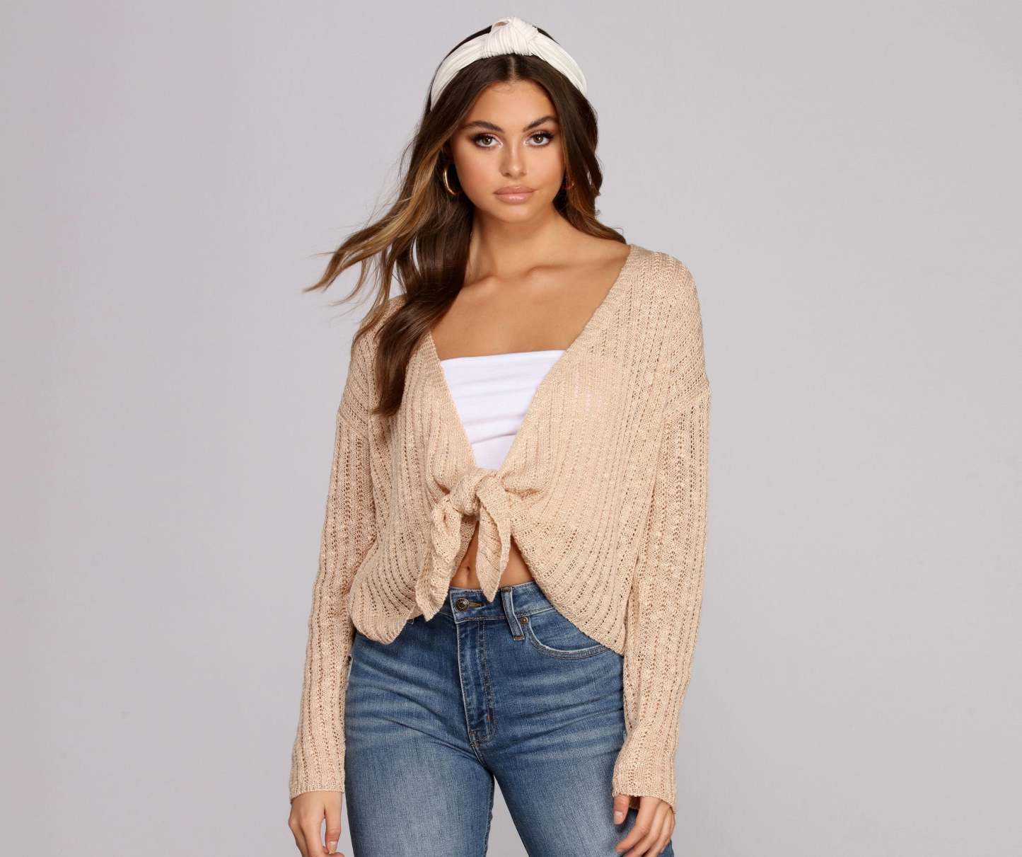 Keeping Knit Cozy Tie Front Sweater - Lady Occasions
