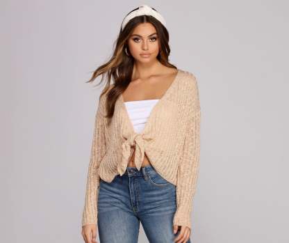 Keeping Knit Cozy Tie Front Sweater - Lady Occasions