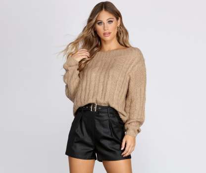 Wide Neck Cable Knit Sweater - Lady Occasions