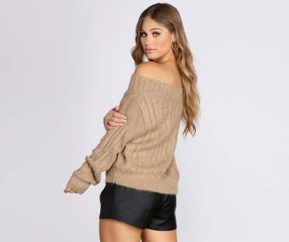 Wide Neck Cable Knit Sweater - Lady Occasions