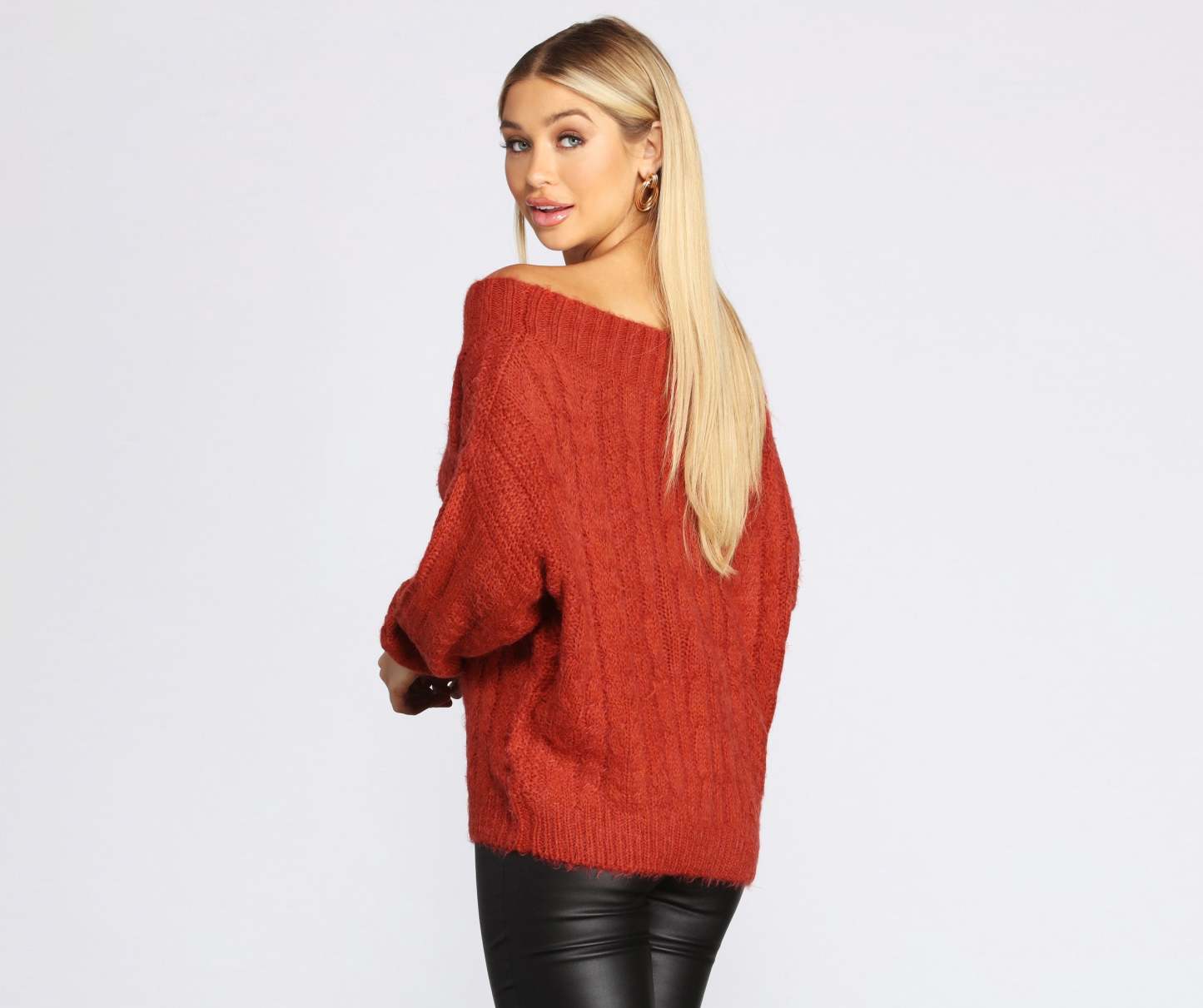 Wide Neck Cable Knit Sweater - Lady Occasions