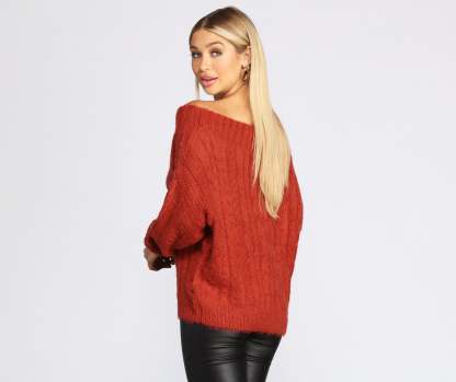 Wide Neck Cable Knit Sweater - Lady Occasions