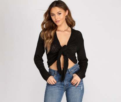 Keeping Knit Cozy Tie Front Sweater - Lady Occasions