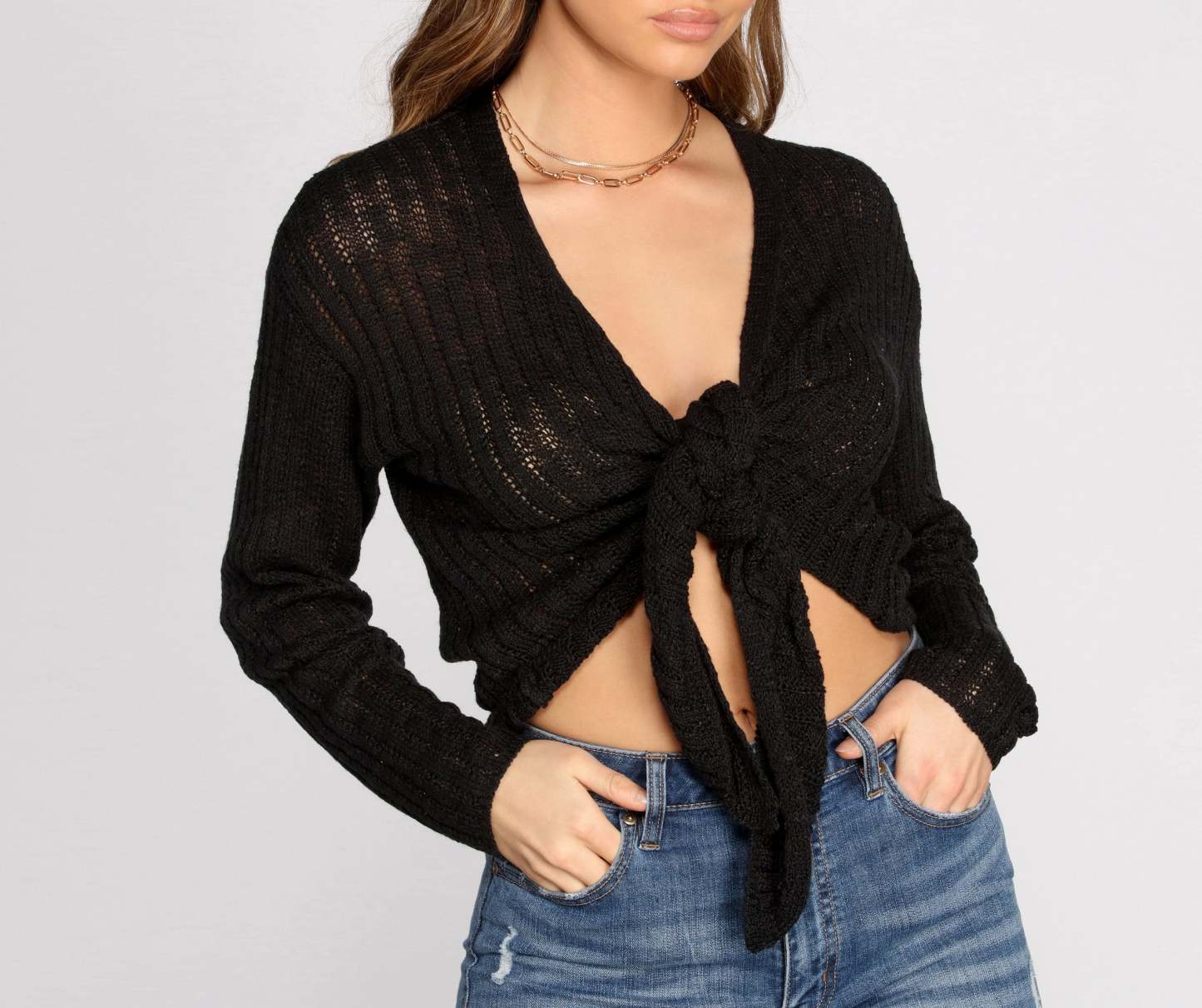 Keeping Knit Cozy Tie Front Sweater - Lady Occasions