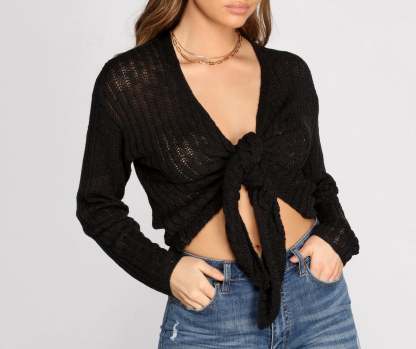 Keeping Knit Cozy Tie Front Sweater - Lady Occasions