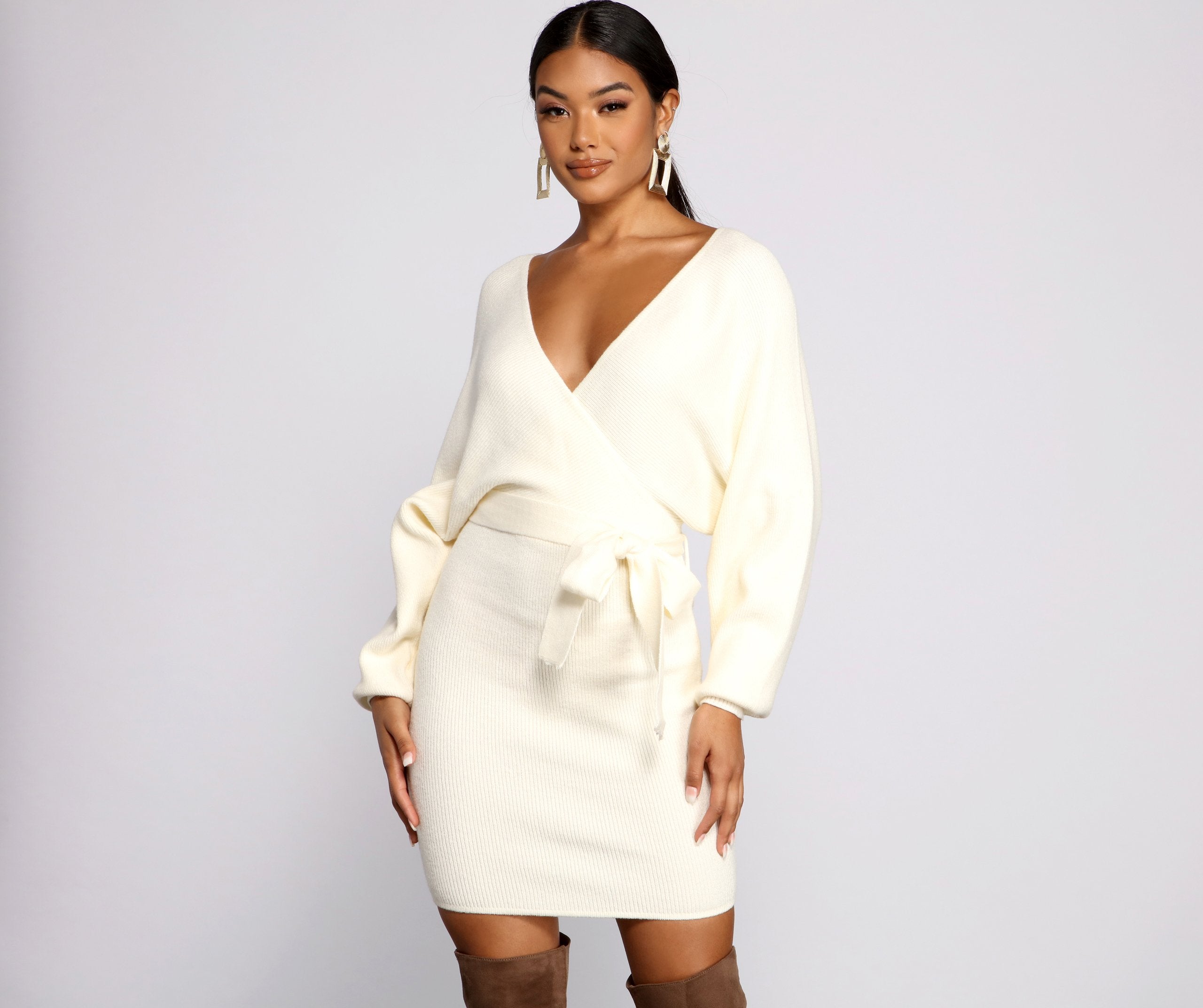 Tie Front Wrap Mini Sweater Dress - Lady Occasions