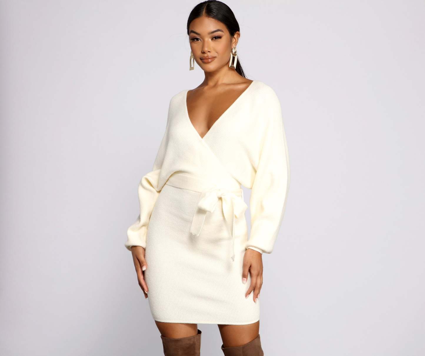 Tie Front Wrap Mini Sweater Dress - Lady Occasions