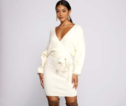 Tie Front Wrap Mini Sweater Dress - Lady Occasions