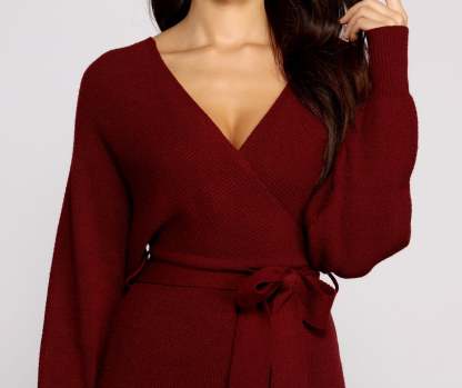 Tie Front Wrap Mini Sweater Dress - Lady Occasions