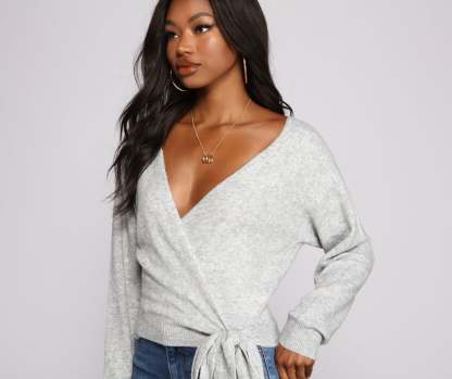 Surplice Sweetie Tie Waist Sweater - Lady Occasions