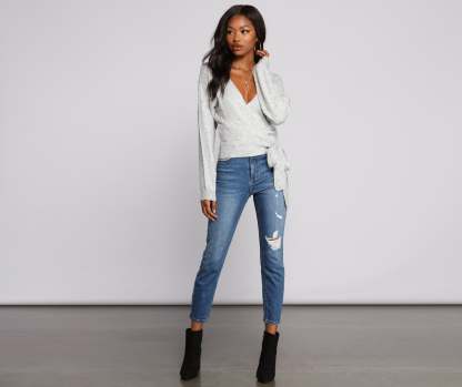 Surplice Sweetie Tie Waist Sweater - Lady Occasions