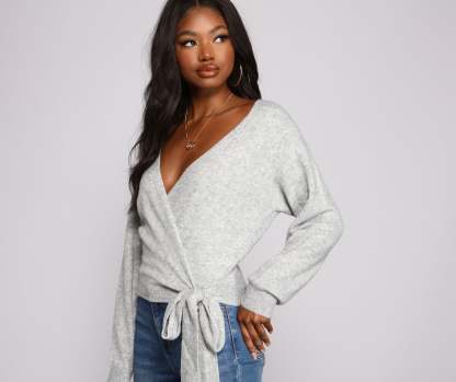 Surplice Sweetie Tie Waist Sweater - Lady Occasions