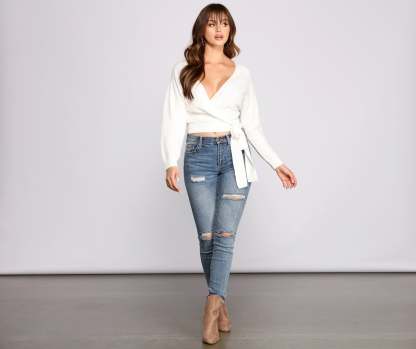 Surplice Sweetie Tie Waist Sweater - Lady Occasions