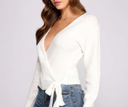 Surplice Sweetie Tie Waist Sweater - Lady Occasions