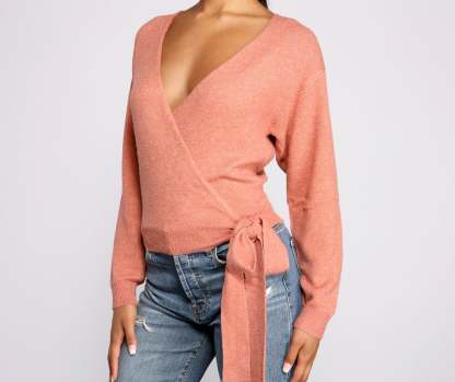 Surplice Sweetie Tie Waist Sweater - Lady Occasions