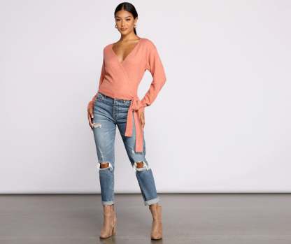 Surplice Sweetie Tie Waist Sweater - Lady Occasions