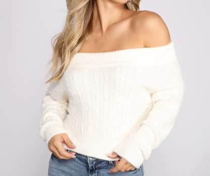 Off the Shoulder Cable Knit Sweater - Lady Occasions