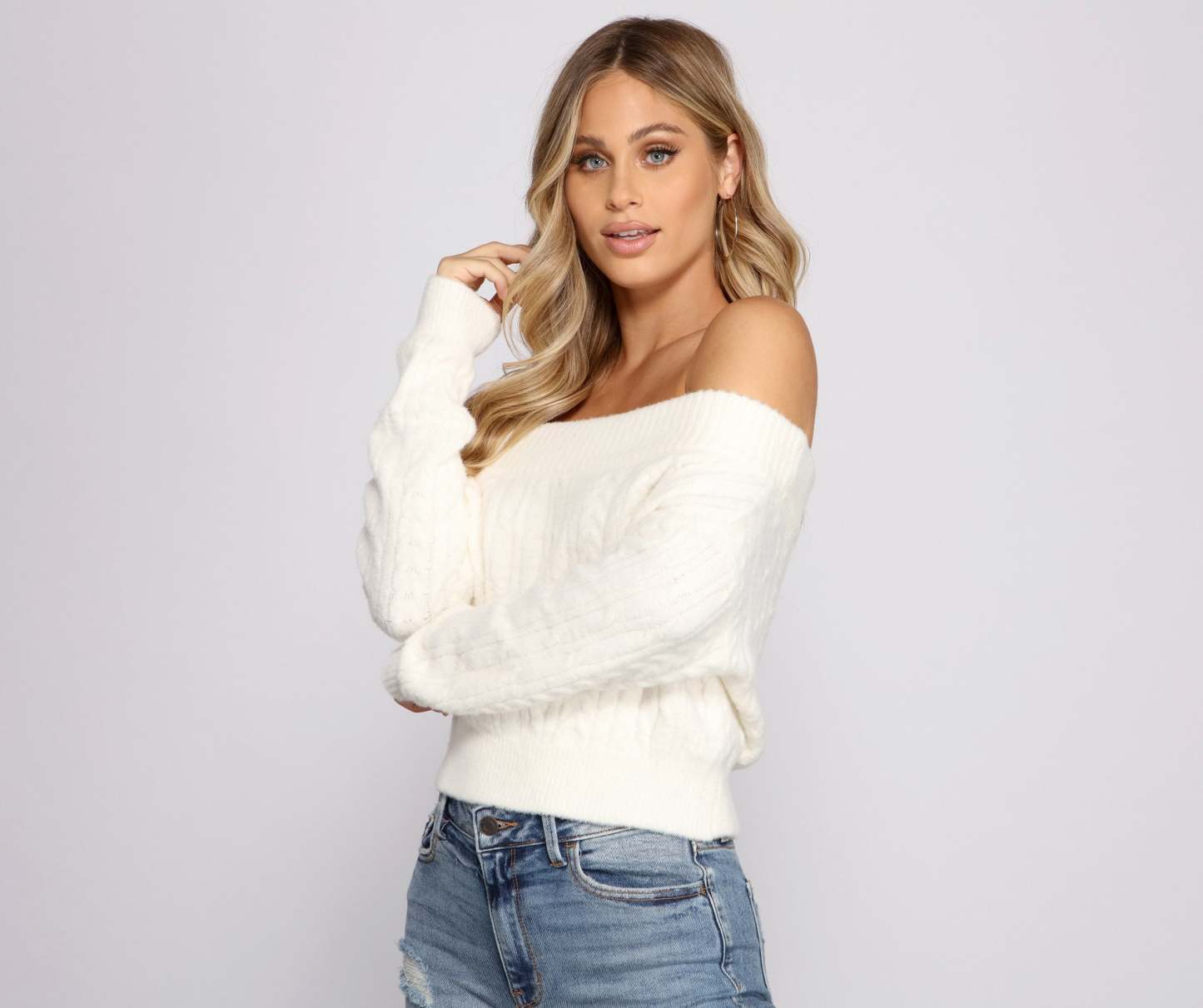 Off the Shoulder Cable Knit Sweater - Lady Occasions