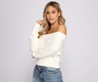 Off the Shoulder Cable Knit Sweater - Lady Occasions