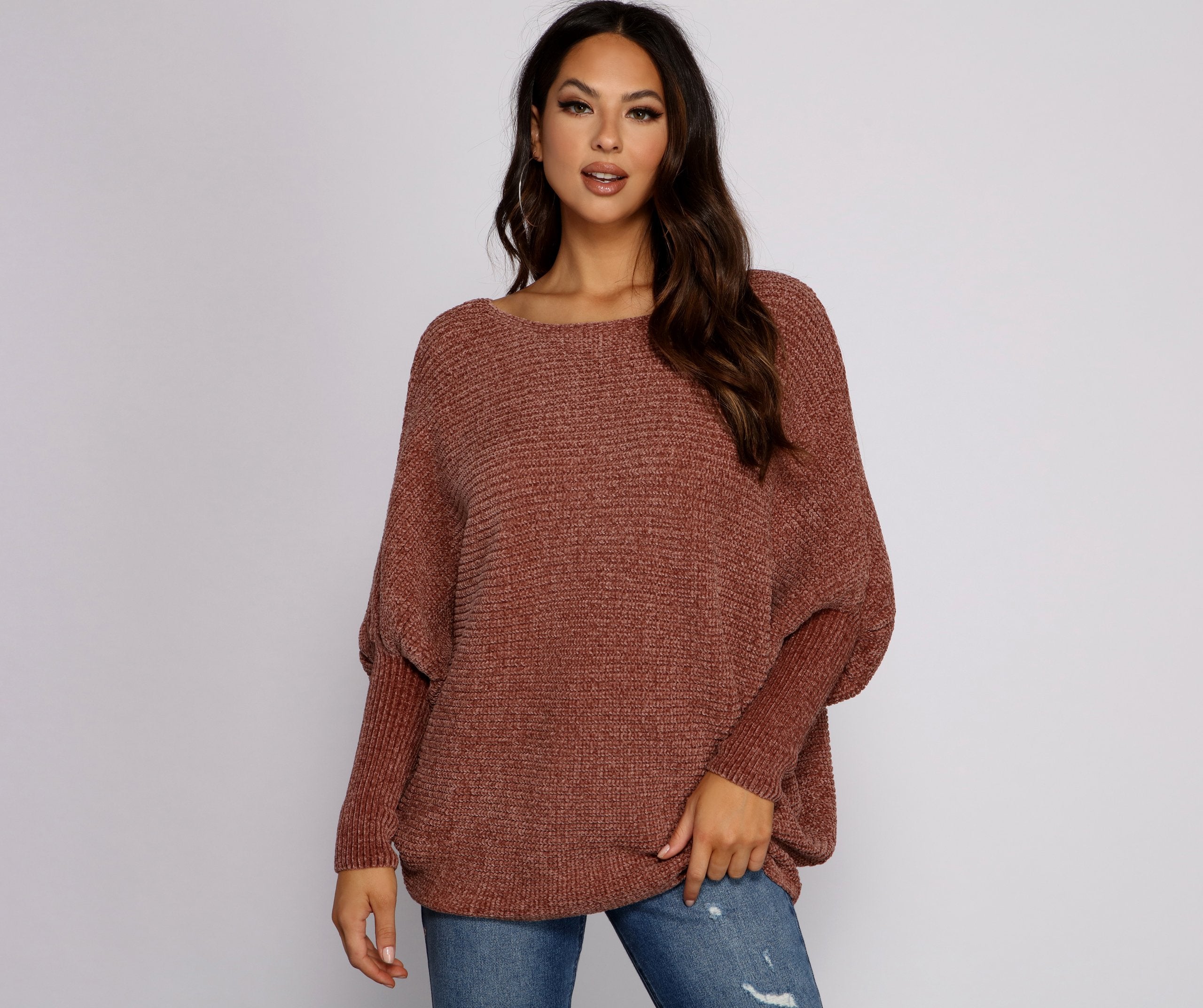 Chenille Knit Dolman Sleeve Sweater - Lady Occasions