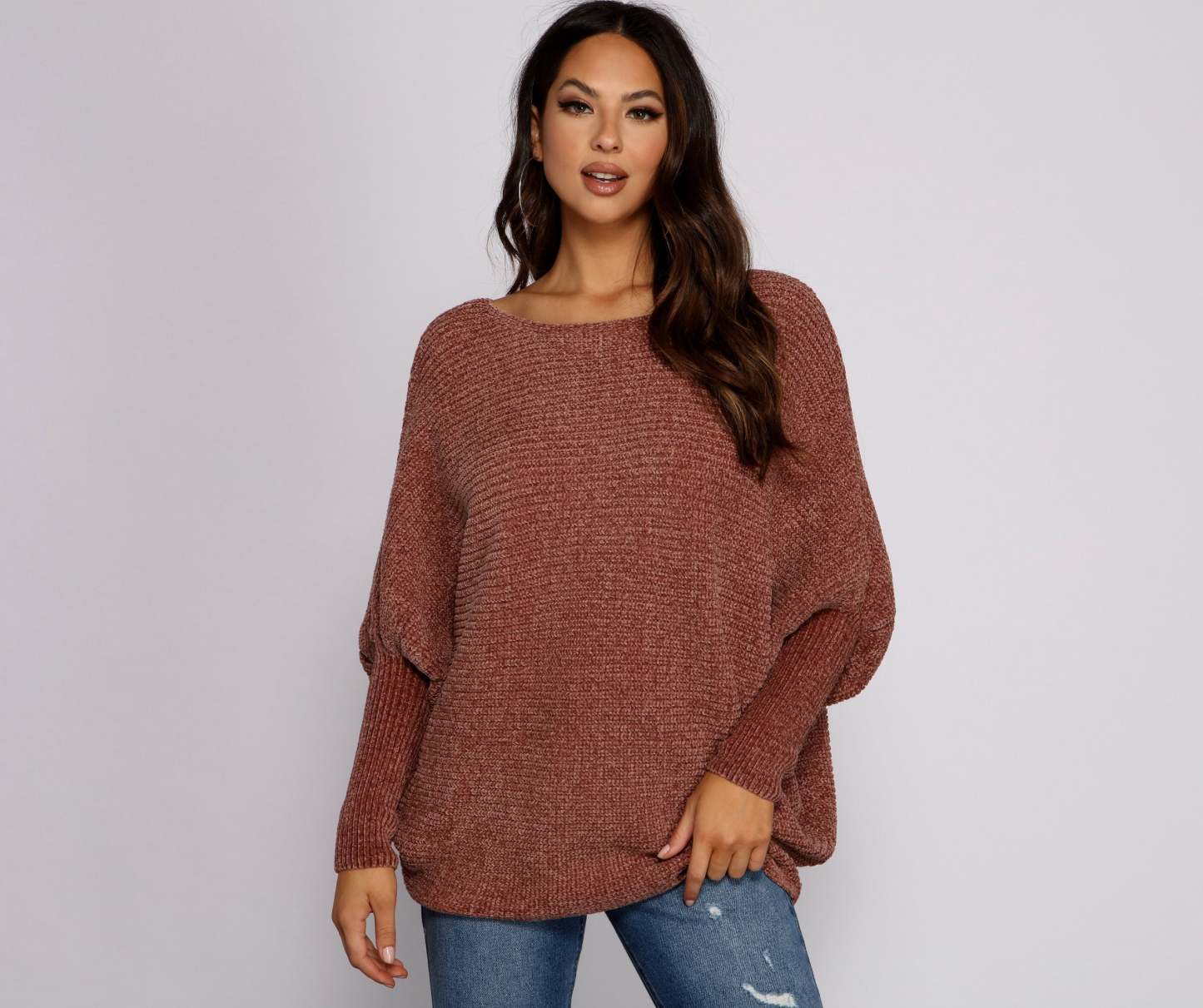 Chenille Knit Dolman Sleeve Sweater - Lady Occasions