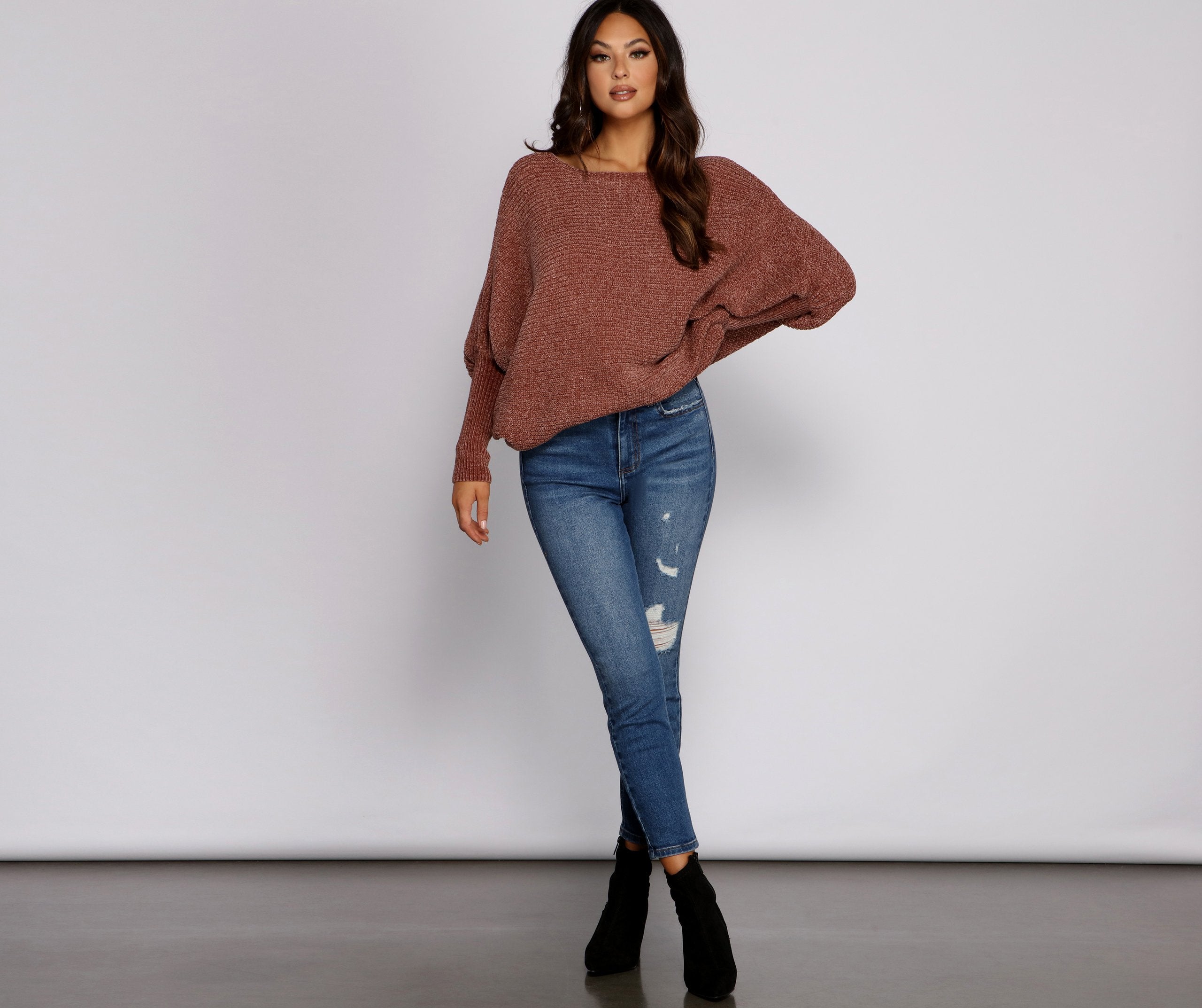 Chenille Knit Dolman Sleeve Sweater - Lady Occasions