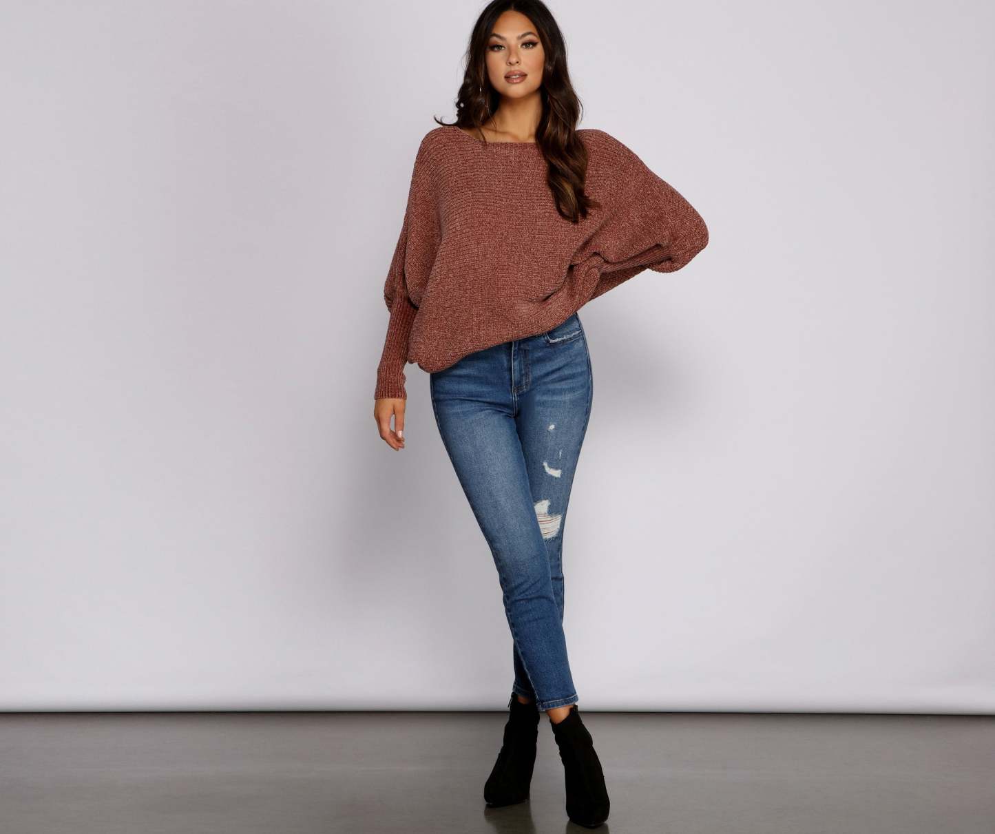 Chenille Knit Dolman Sleeve Sweater - Lady Occasions