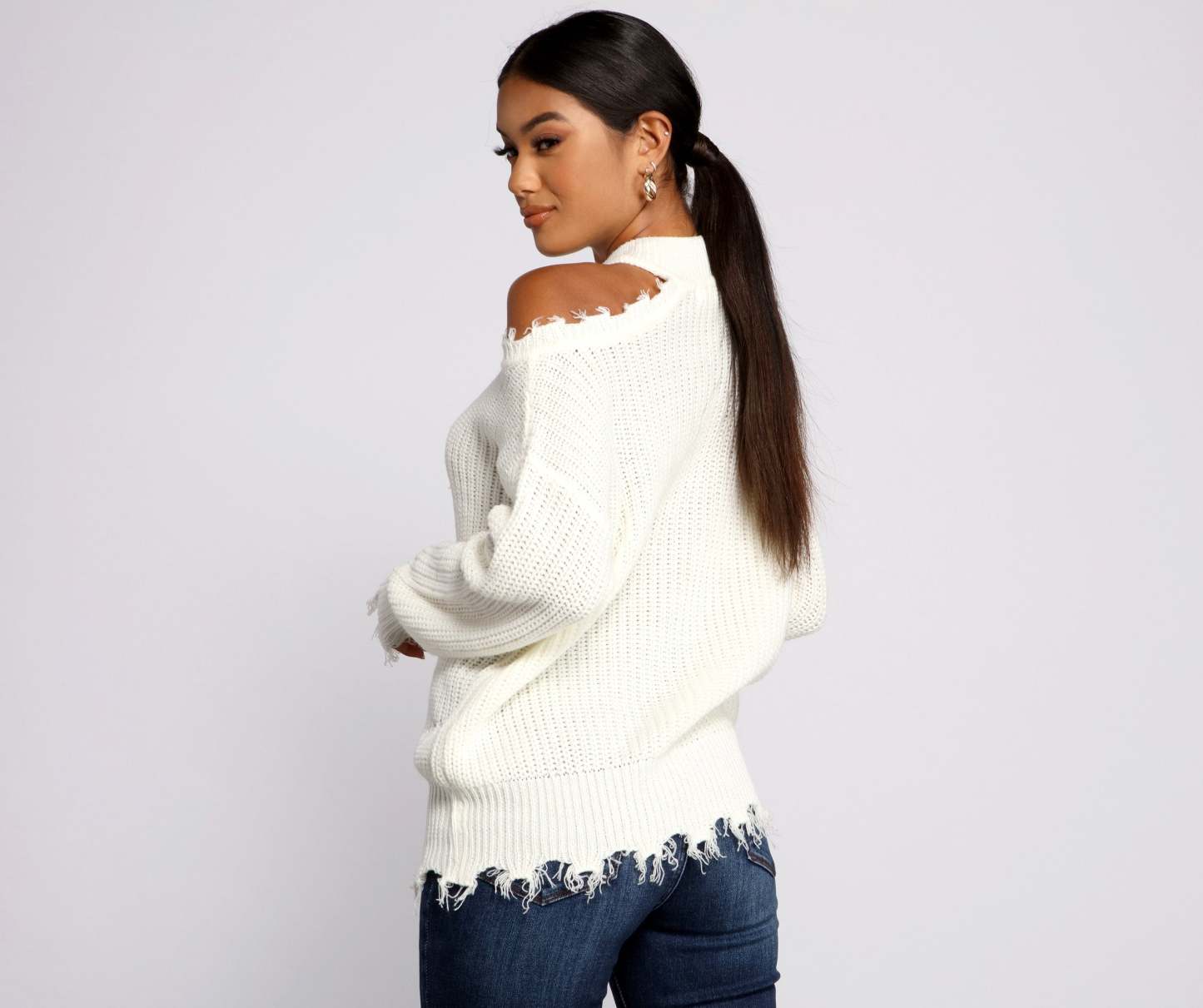 Distressed Cold Shoulder Crew Neck Sweater - Lady Occasions