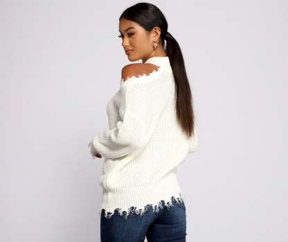 Distressed Cold Shoulder Crew Neck Sweater - Lady Occasions
