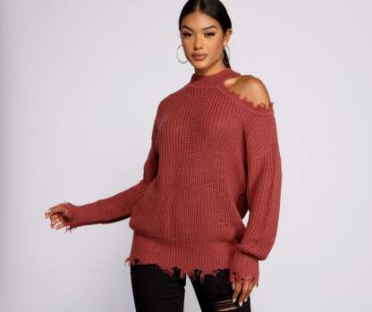 Distressed Cold Shoulder Crew Neck Sweater - Lady Occasions
