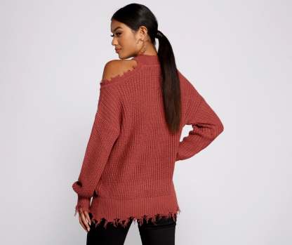 Distressed Cold Shoulder Crew Neck Sweater - Lady Occasions
