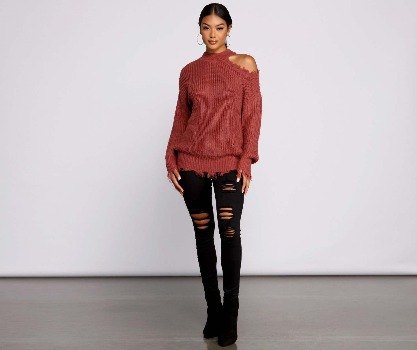 Distressed Cold Shoulder Crew Neck Sweater - Lady Occasions