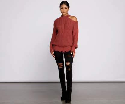 Distressed Cold Shoulder Crew Neck Sweater - Lady Occasions