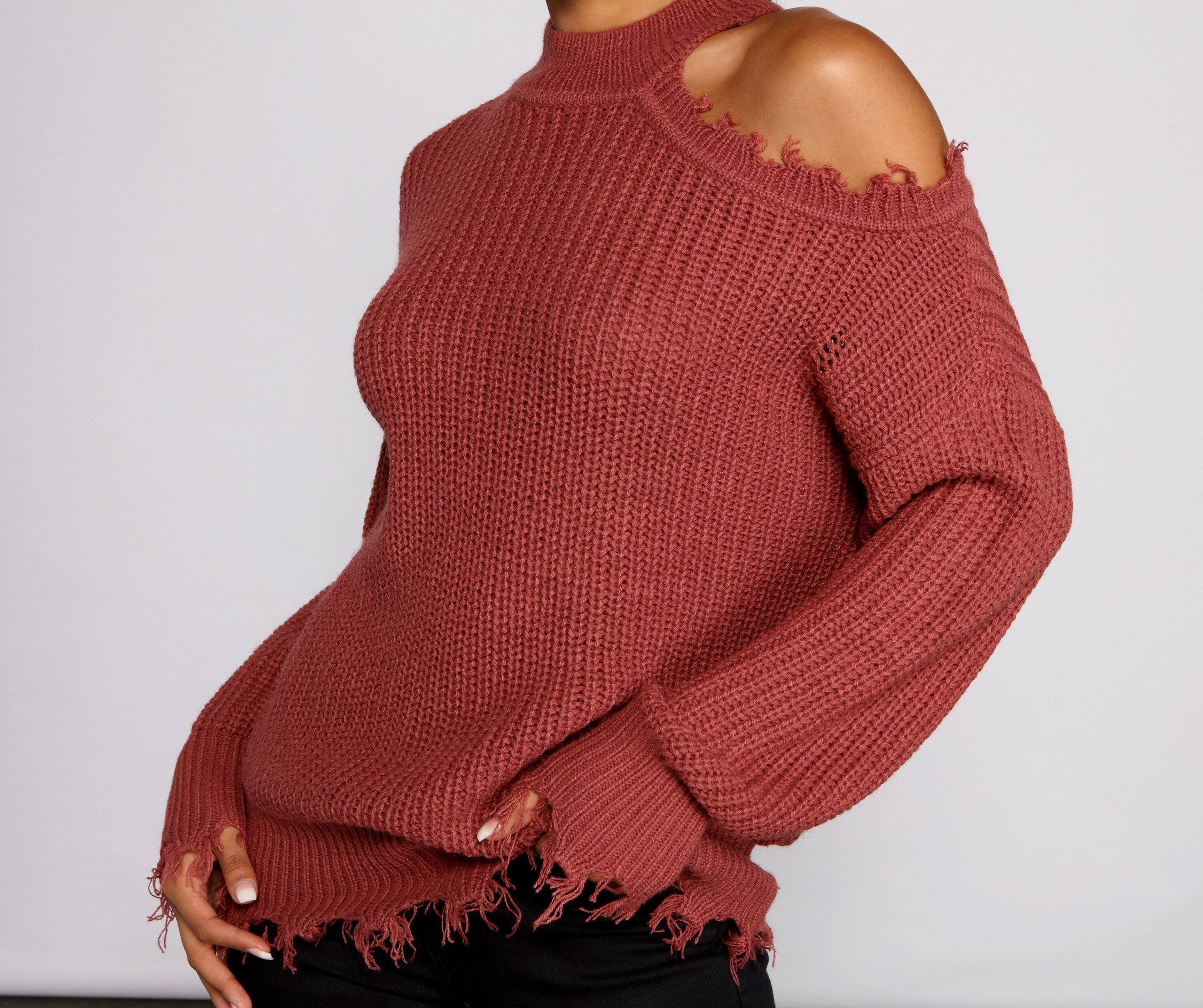 Distressed Cold Shoulder Crew Neck Sweater - Lady Occasions