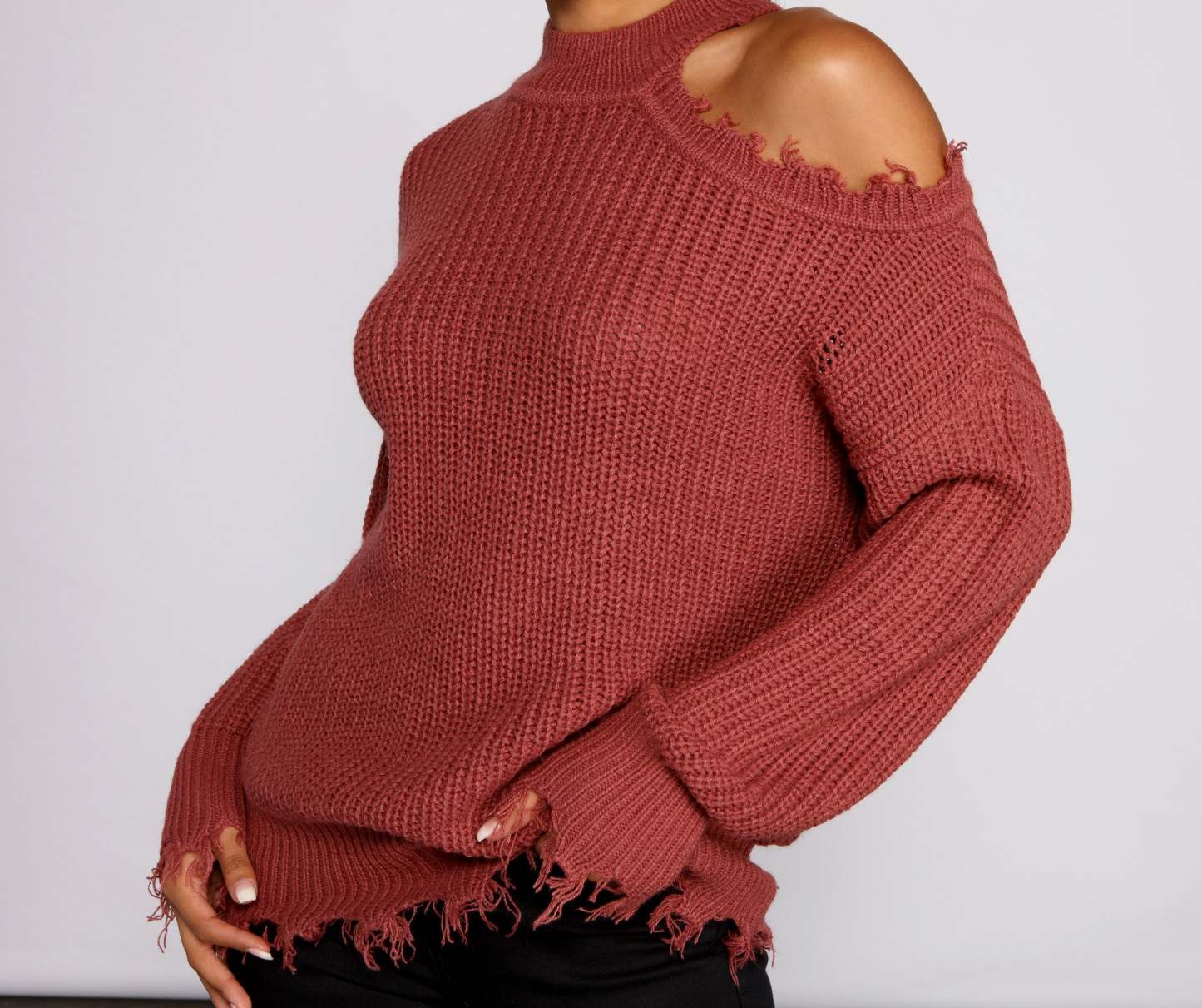 Distressed Cold Shoulder Crew Neck Sweater - Lady Occasions