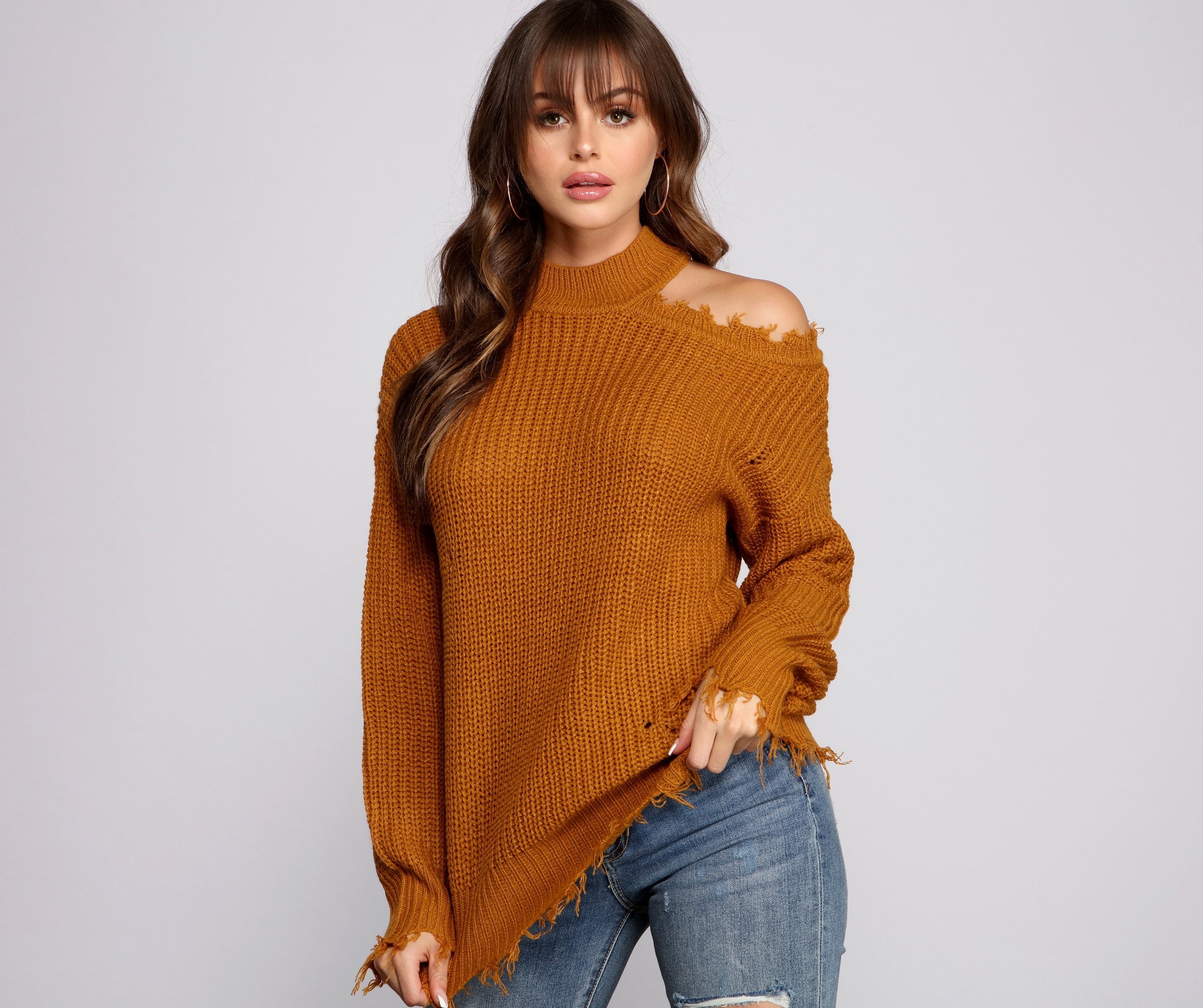 Distressed Cold Shoulder Crew Neck Sweater - Lady Occasions